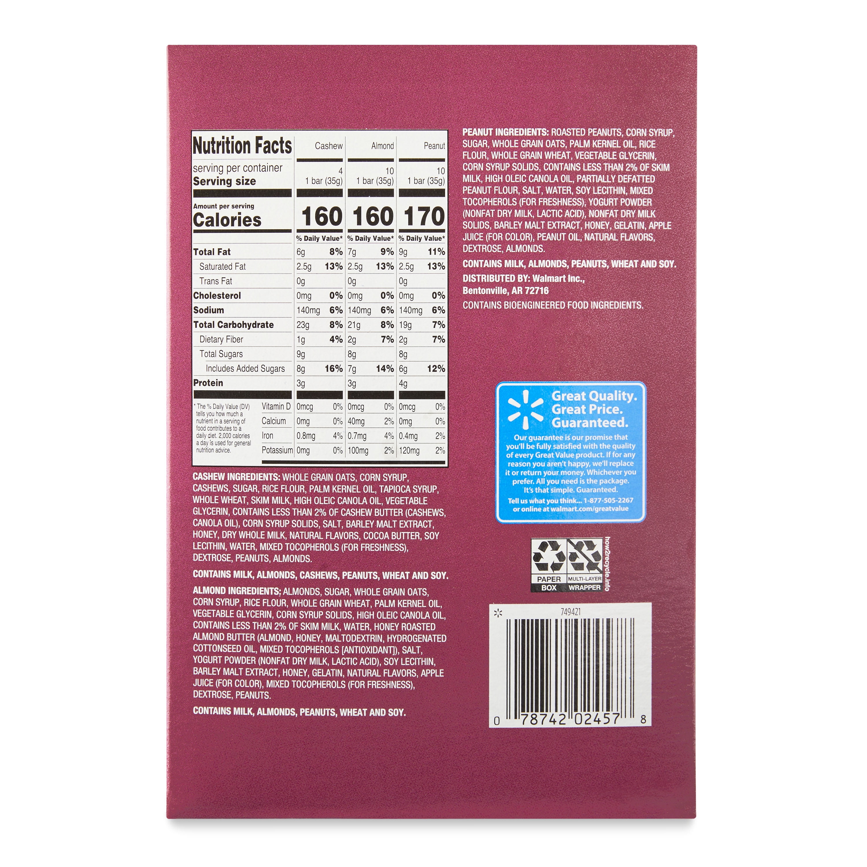 (6 pack) Great Value Sweet & Salty Chewy Granola Bars, Variety Pack, 1.2 oz, 24 Count
