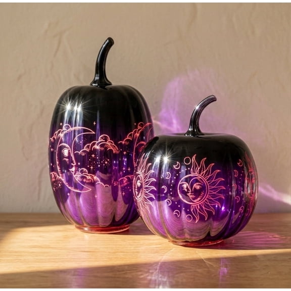 2pcs Fall Halloween Pumpkin-Purple Glass Pumpkin Ornament with Enchanted Moon & Star Pattern and Built - in Fairy Lights for Decor