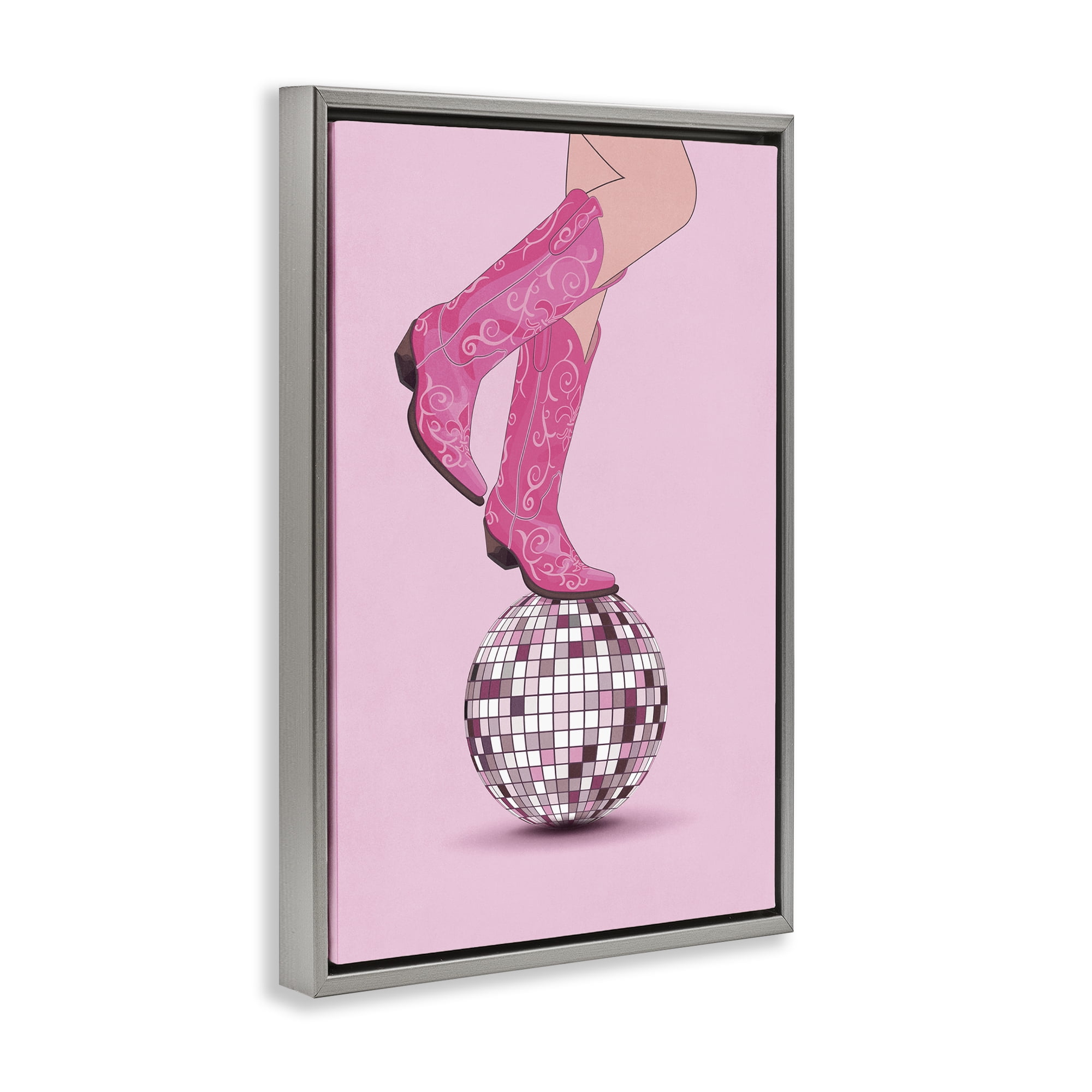 Stupell Industries Pink Cowgirl on Disco Ball People Painting Gray Floater Framed Canvas Art Print Wall Art, 21 x 31