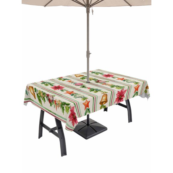 Outdoor Tablecloth with Umbrella Hole and Zipper, Christmas Poinsettia Rectangle Table Cloth 60x84 Inch Waterproof Tablecloth, Xmas Balls Green Leaves Vintage Picnic Table Cover for Patio Camping