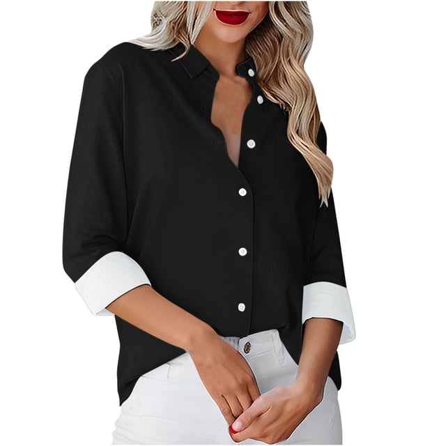 Besolor Button Down Shirts for Women Solid Color Long Sleeve Colared Tops Loose Office Blouses for Casual Work