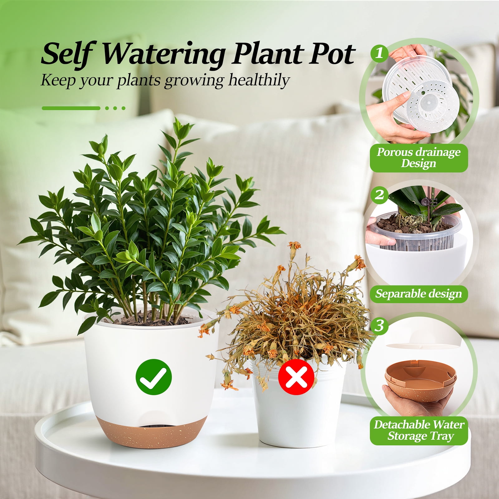 QCQHDU 5.8 Inch Self Watering Planters for Indoor Plants with Bottom Watering,2Pack Flower Plant Pots for Outdoor with Drainage, Durable Plastic planters Pots(White)