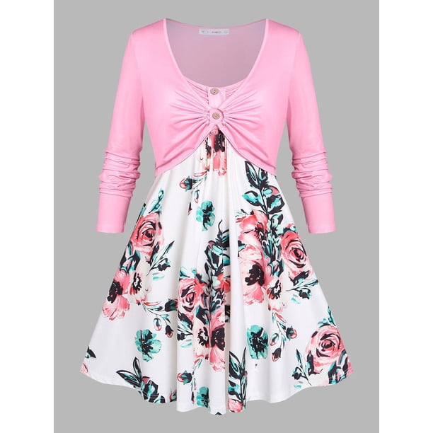 Tallas grandes O Ring Button Button Flower Print T Shirt Rosegal Mangas largas de talla grande