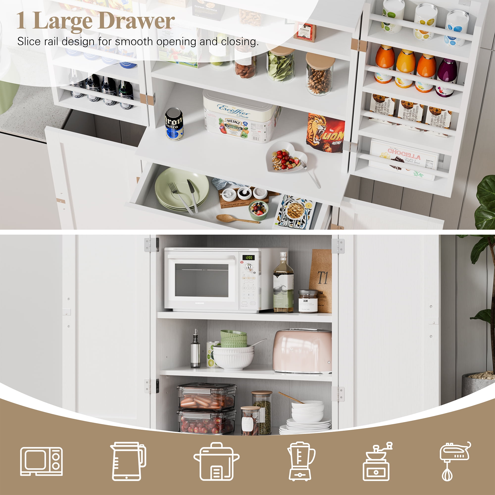 Walsunny Pantry Cabinets with Drawer Doors Shelves 67 Inches Tall Wooden Food Storage Cabinet Freestanding for Microwave Kitchen Storage Dining Room White