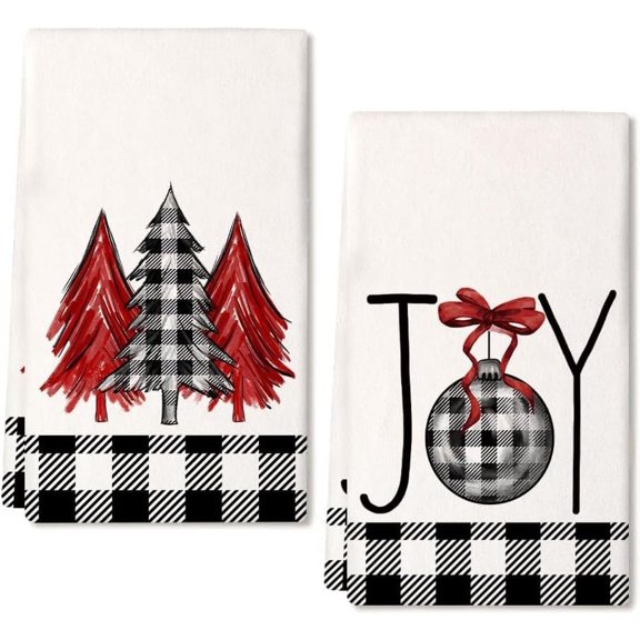 SM-XLHN Christmas Kitchen Towels Set of 2,Black Buffalo Plaid Xmas Tree Dish Towels 18x26 Inch Drying Dishcloth,Farmhouse Home Decoration AD008