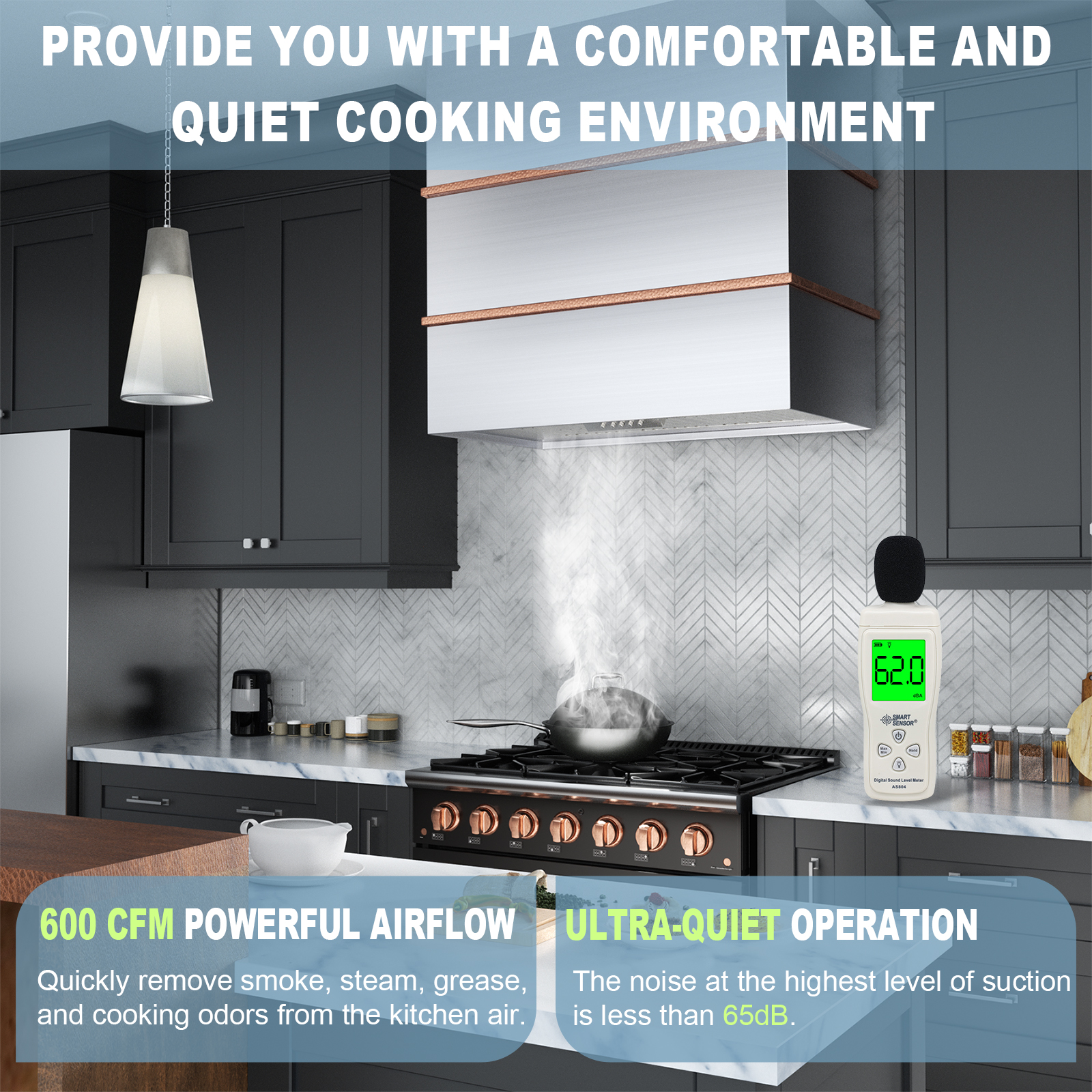 Akicon 30 inch Kitchen Range Hood with 600 CFM, Stainless steel Range Hood, Wall Mounted Range Hood, 3 Speed Fan with LED Light, Powerful Vent Motor, Brushed Stainless with Copper