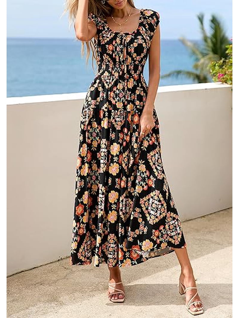 Prettygarden Women's Boho Maxi Dress Summer Cap Sleeve Long Flowy Beach Vacation Floral Sundresses Spring Resort Wear, Size: Small, Black Prettygarden Women's Boho Maxi Dress Summer Cap Sleeve Long Flowy Beach Vacation Floral Sundresses Spring Resort Wear, Size: Small, Black