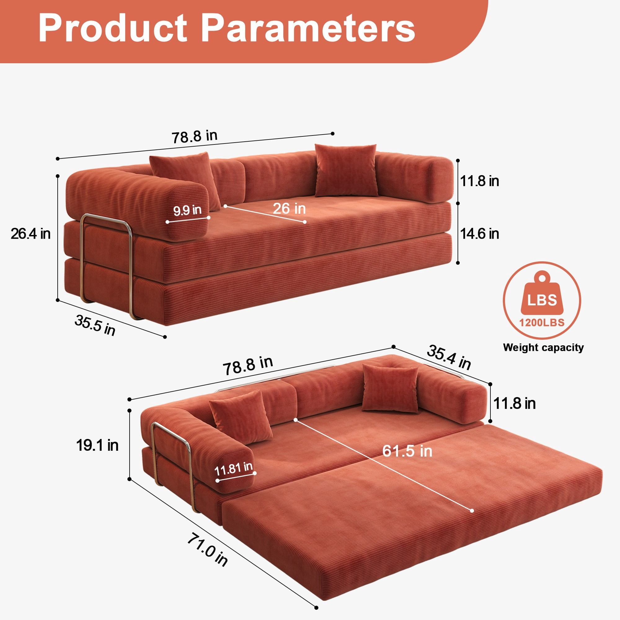 79" Convertible Sofa Bed CARZZI LIFE Compressed Floor Boneless Couch Modular Corduroy Sleeper Sofa, Folding Mattress Couch for Small Spaces - No Assembly Needed in Orange (Includes 2 Pillows)