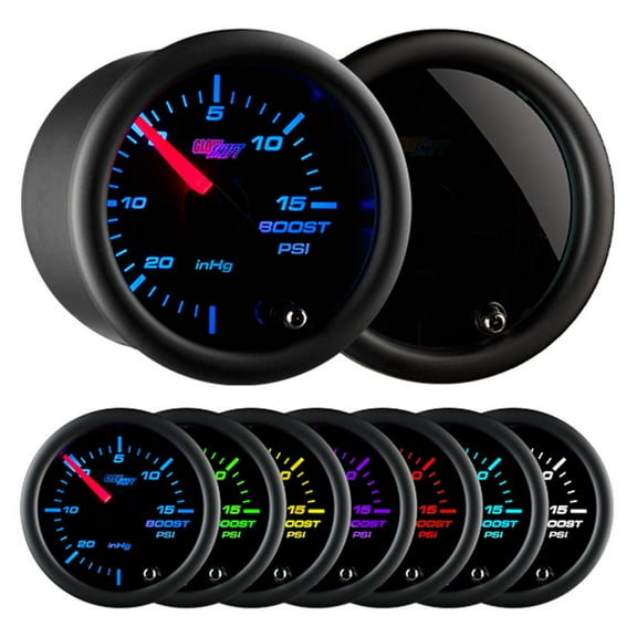 GlowShift | 2-1/16 (52mm) Tinted 7 Color Series 15 PSI Boost Vacuum Gauge for Cars and Trucks