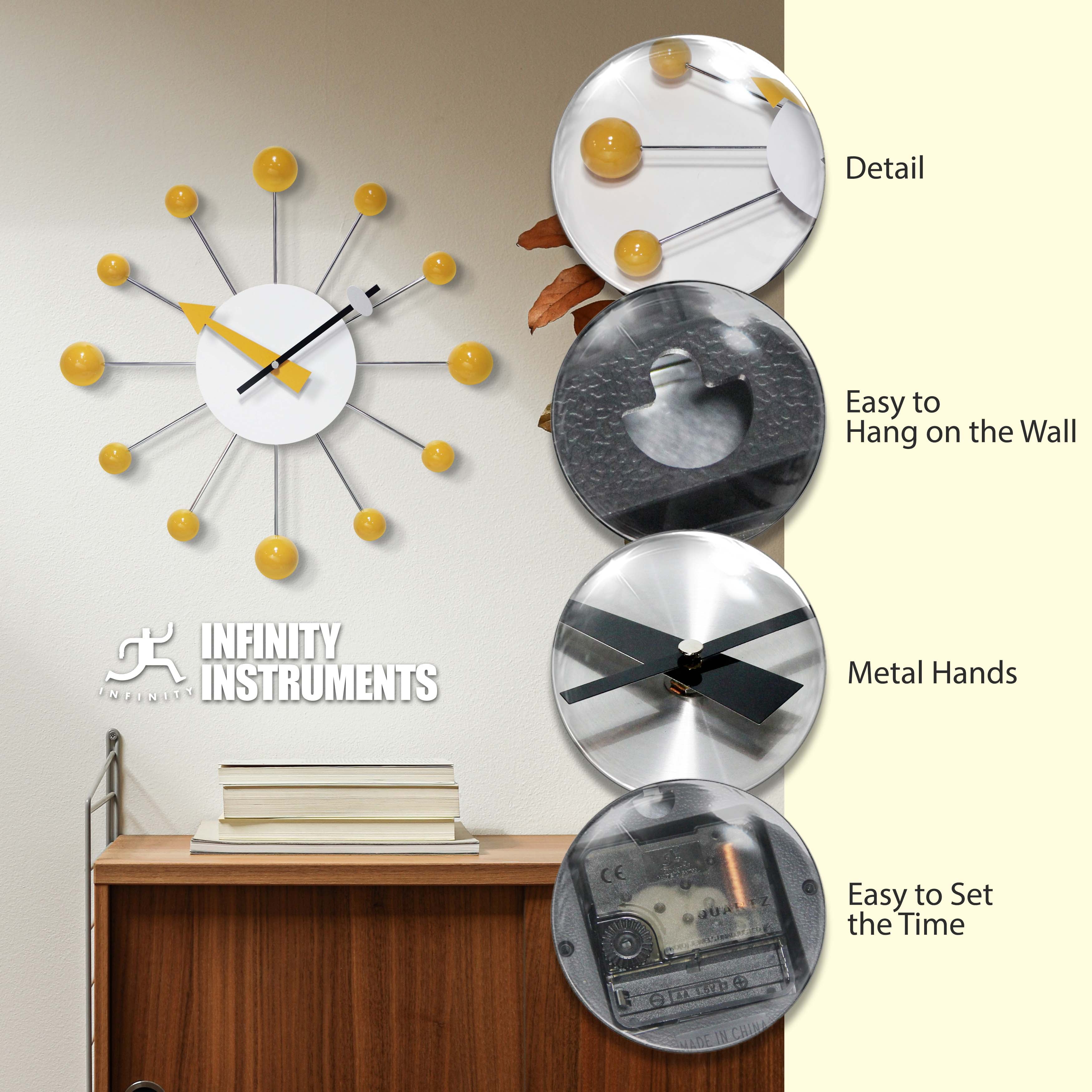 Infinity Instruments Orb Spoke 15 Inch Starburst Indoor Wall Clock, Saffron