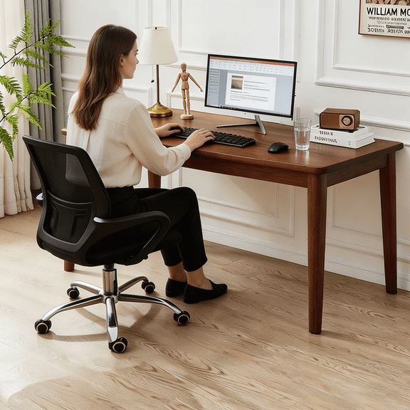 HAOMINS Solid Wood Desk, Mid Century Modern Computer Desk, Rubberwood Office Desk for Home, Office, Bedroom, Small Spaces