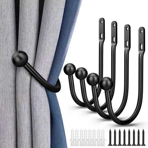 4pcs Metal Curtain Holdbacks, DISEN Retro Ball Curtain Tieback Hanger Holder Hook with Screws for Home Decor, Black