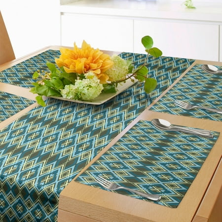 

Geometric Table Runner & Placemats Abstract Overlapping Diamond Shapes with Symmetric Arrangement Set for Dining Table Decor Placemat 4 pcs + Runner 12 x90 Petrol Blue Olive Green by Ambesonne
