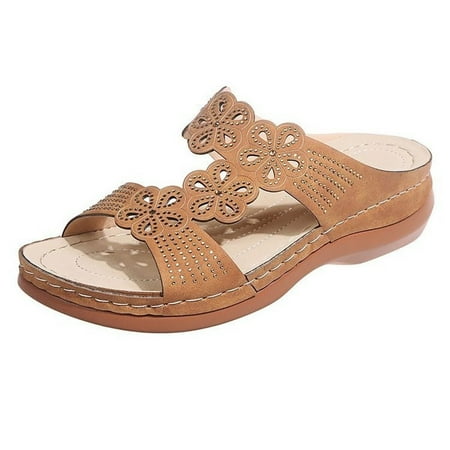 

TUOBARR Flat Slippers for Women Fashion Women Open Toe Slide Hollow Out Comfy Sandals Slippers Low Heeled Shoes Brown