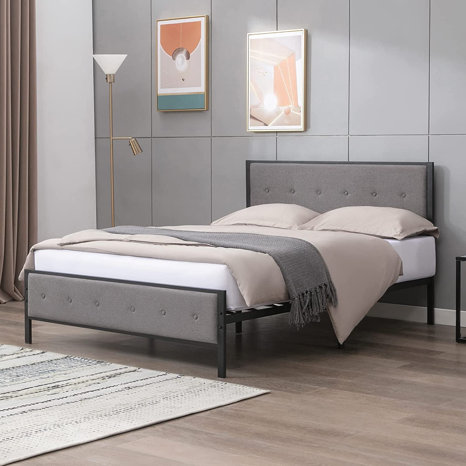 Mixoy Modern Queen Size Bed Frame with Linen Headboard, Platform Bed with Metal Slat Support