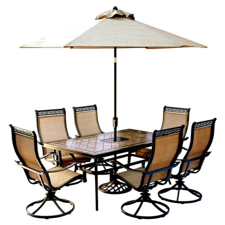 Hanover Outdoor Monaco 7-Piece Sling Dining Set with 42 x 84 Glass-Top Table and 6 Swivel Rockers Cedar