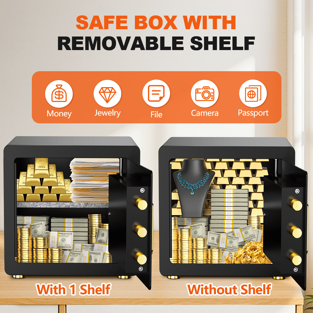 Gemaisil 2.5 Cuft Safe Box with Digital Keypad, Security Safe with Fireproof Waterproof Bag, Adjustable Shelf, Alarm System, Office & Home Safes for Cash, Jewelry, Documents, Black