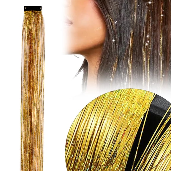 LKZQHMC Gold Hair Tinsel Pc of 1Pcs Clip in Hair Tinsel Kit 20.5 inch Fairy Hair Tinsel Heat Resistant for Women Girls Glitter Hair Extensions for Cosplay Party (Golden)