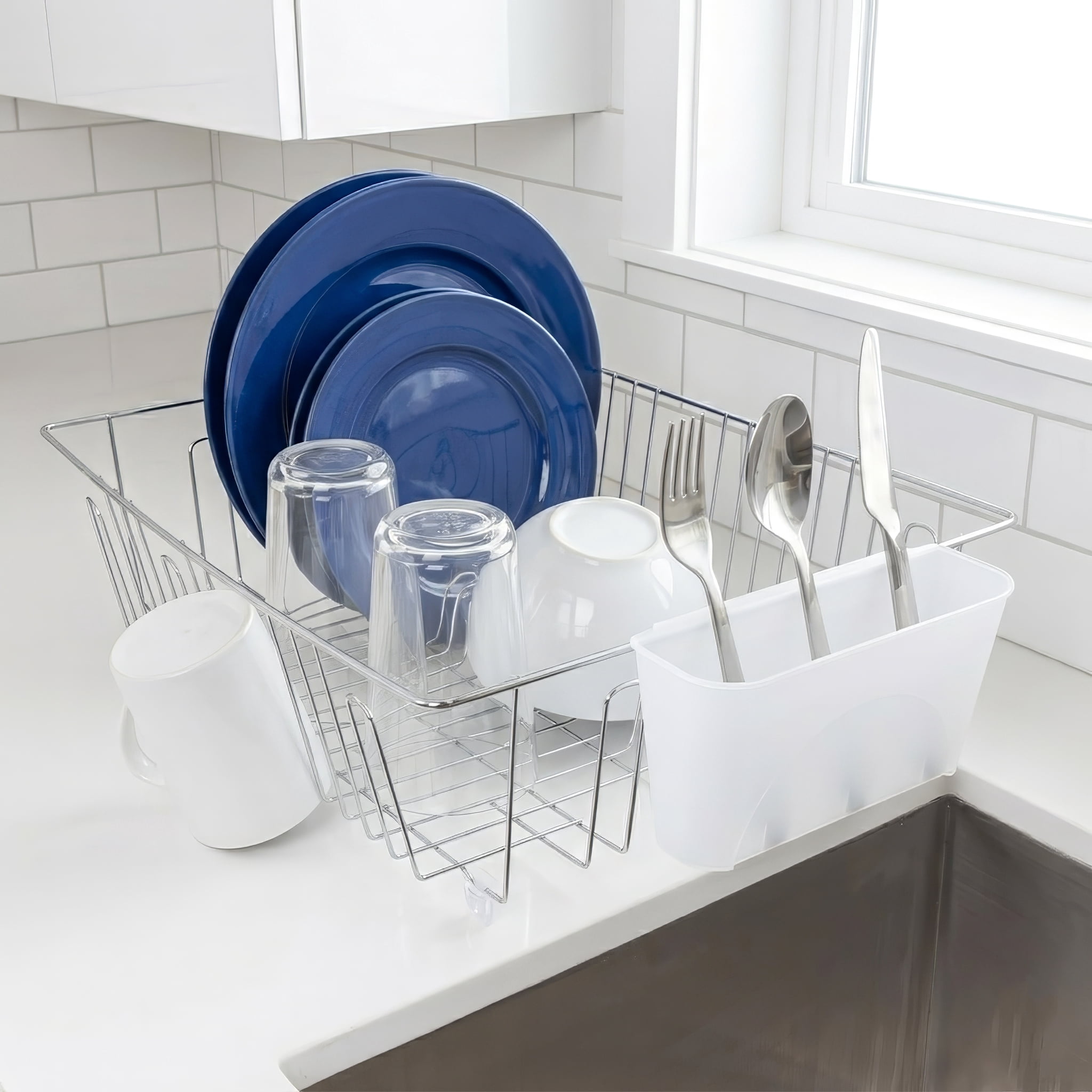 Mainstays Stainless Steel Kitchen Dish Drying Rack and Drainer, Rust-Resistant Countertop Dish Rack Organizer for Plates, Bowls, Cups and Utensils