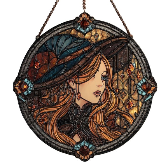 Halloween 8x8 inch Charming Moonlight Witch Acrylic Stained Glass Window Hanging Suncatcher Decor Stained Panel Hangings Wall Art Decor, Moon Suncatcher for Friends and Family