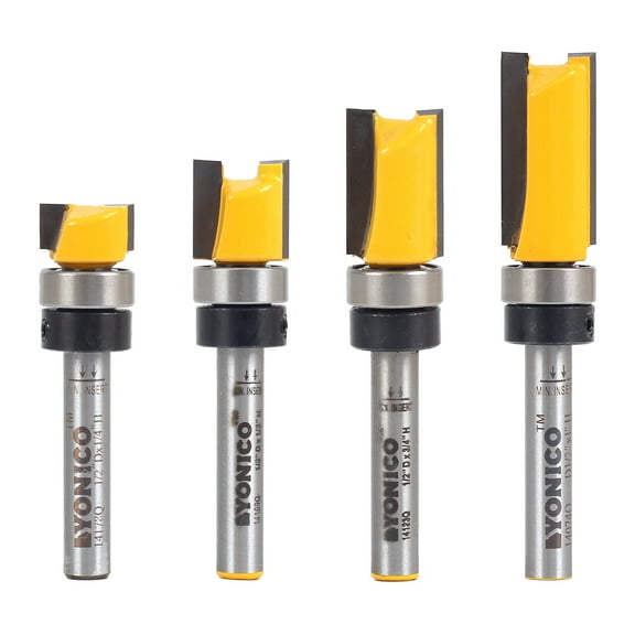 4 Bit 1/2" Diameter Flush Trim Template Router Bit Set - 1/4" Shank - Yonico 14422q