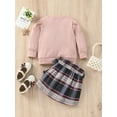 thumbnail image 3 of Toddler Kids Girls 2 Pieces Outfits Solid Color Ribbed Round Neck Long Sleeve Tops + Buttons Bowknot Plaid Skirt Set, 3 of 8