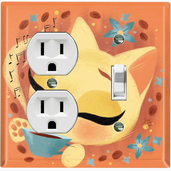 Metal Light Switch Wall Plate Outlet Cover (Coffee Bean Cat Lover Flower Orange - Single Duplex Single Toggle)
