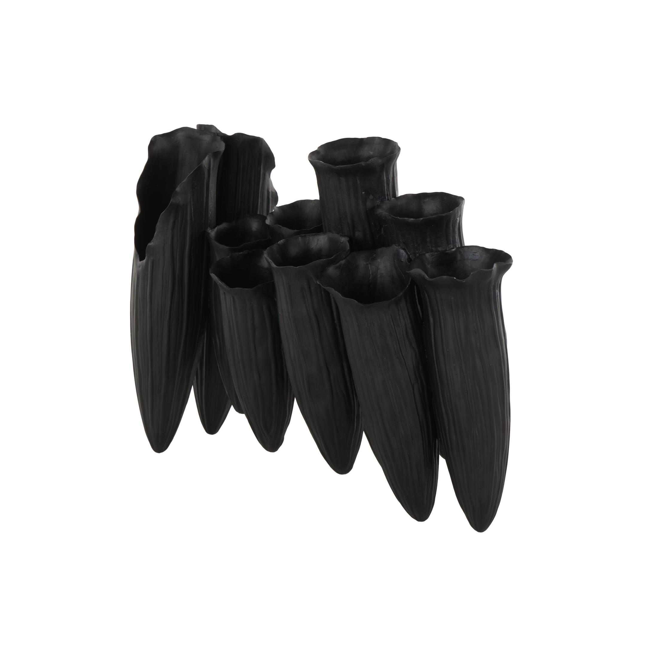 DecMode 11" Abstract Floral Inspired Black Ceramic Vase with Linear Grooves and 10 Openings