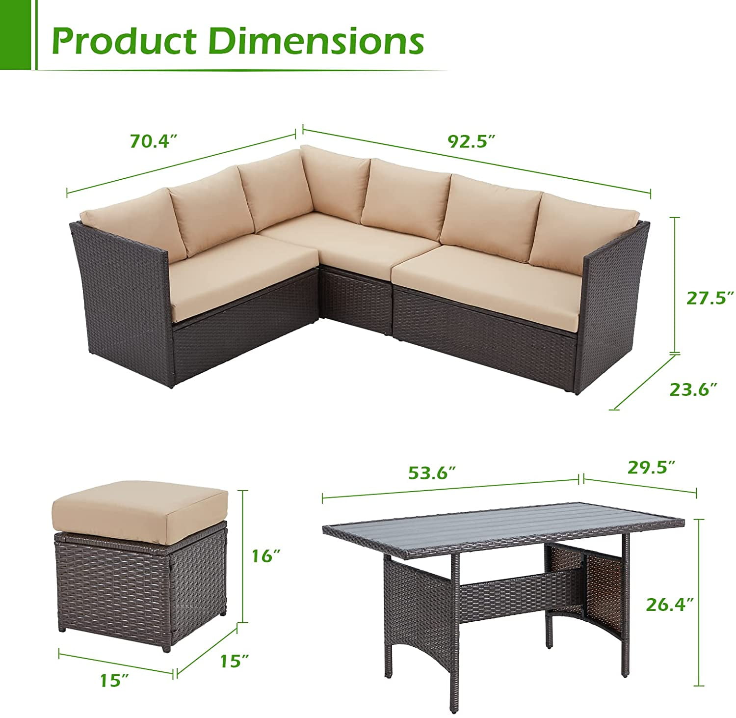 AECOJOY 7 Pieces Outdoor Rattan Sectional Sofa Couch with Dining Table and Protection Cover - Beige