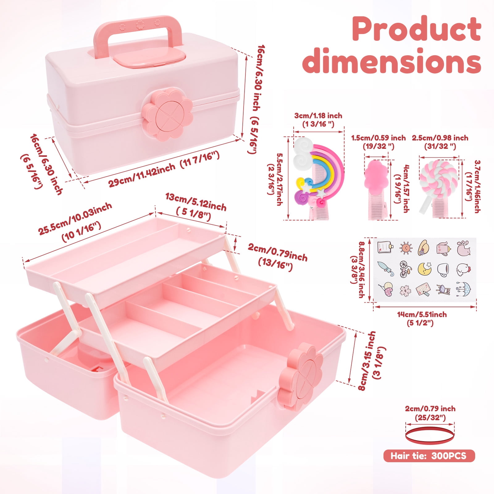 FKSZLL Hair Accessories Storage Box Plastic 3 Layer Pink Lockable Craft Storage Container Portable Cute Girl Hair Clip Holder Case with Handle for Toy Nail Tool Stationery