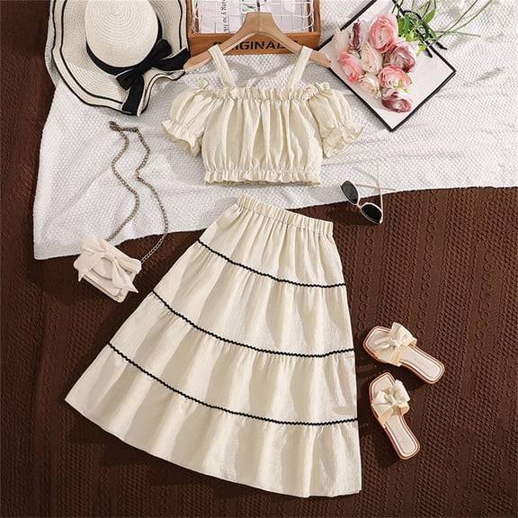Big Girls Skirts Set Outfits Set Short Sleeve Matching Sets Fashion Girls Off Shoulder Top With High Waist Ruffle Hem Skirt Summer Casual Outfits For Girls Clothes Set Beige 10-11 Years