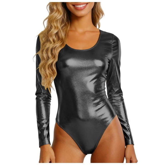 QURATI Swimwear Women’S Metallic Long Sleeve Shiny U Neck Gymnastics Leotard Dancewear Swimsuit Black L