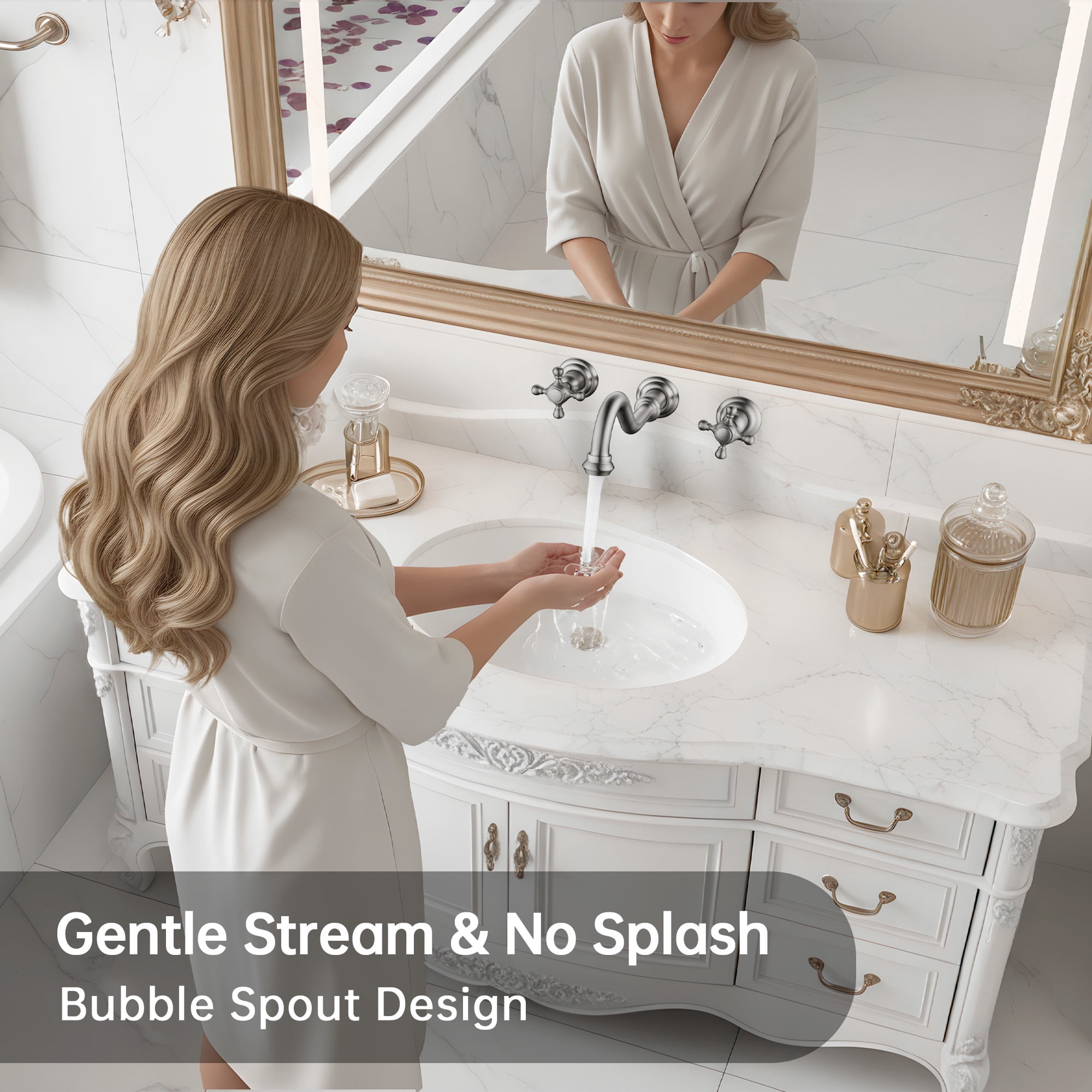 SUMERAIN Classic Brushed Nickel Wall-Mounted Lavatory Faucet,3 Holes Cross Handles Basin Sink Faucet Included Rough-in Valve