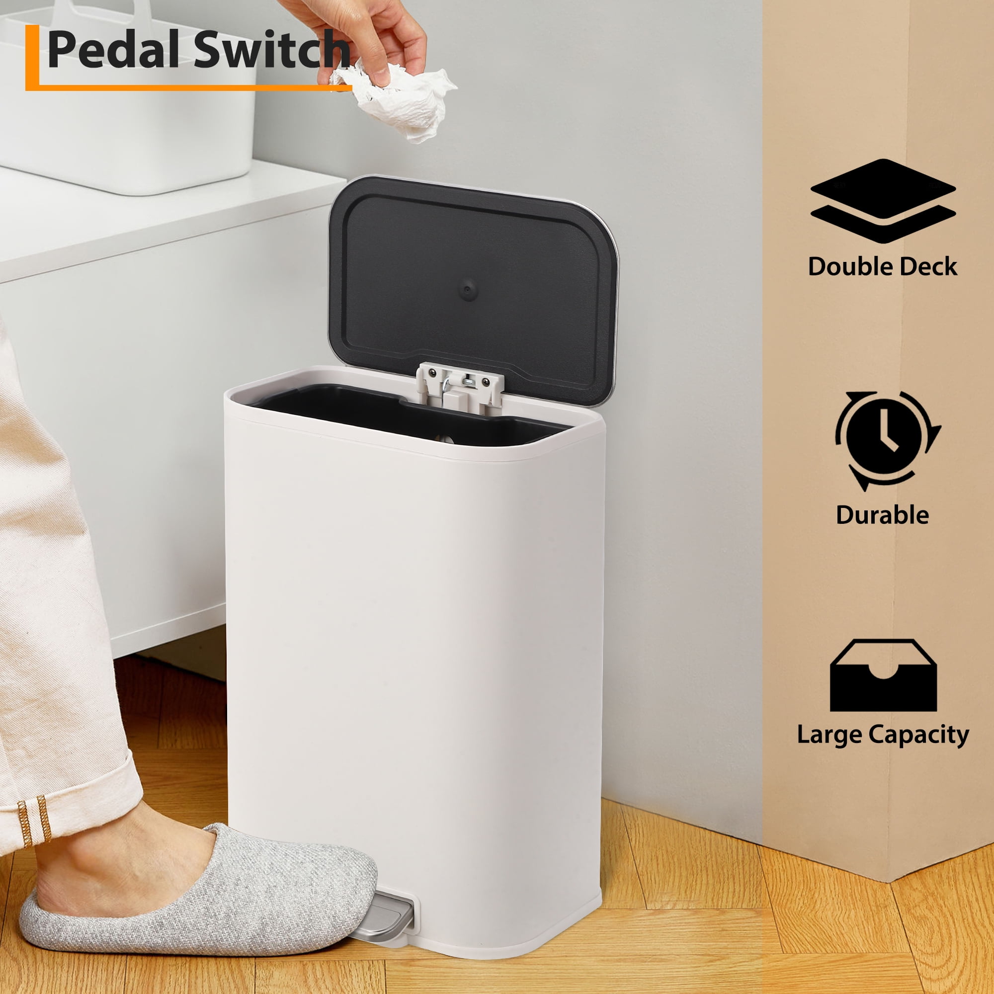 Kitchen Trash Can with Lid, Stainless Steel Garbage Can with Foot Pedal & Removable Inner Bucket, Rectangular Step On Waste Bin for Office Bedroom Living Room