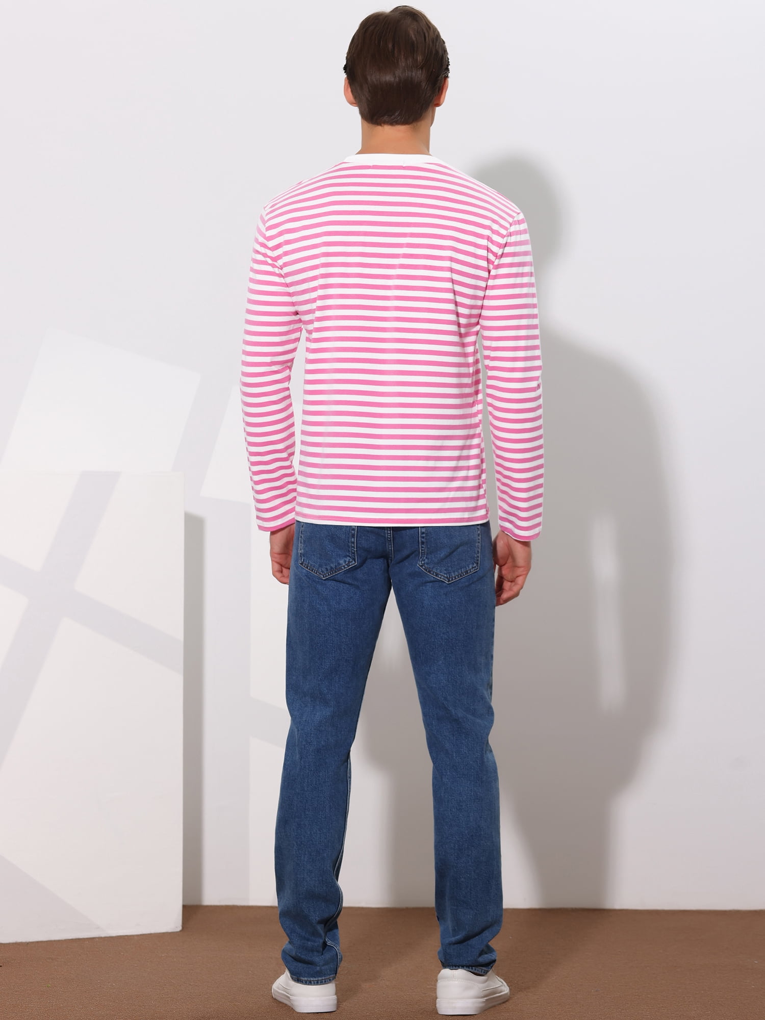 Unique Bargains Men's Long Sleeve Pullover Top Crew Neck Striped T-Shirts 38 Pink White