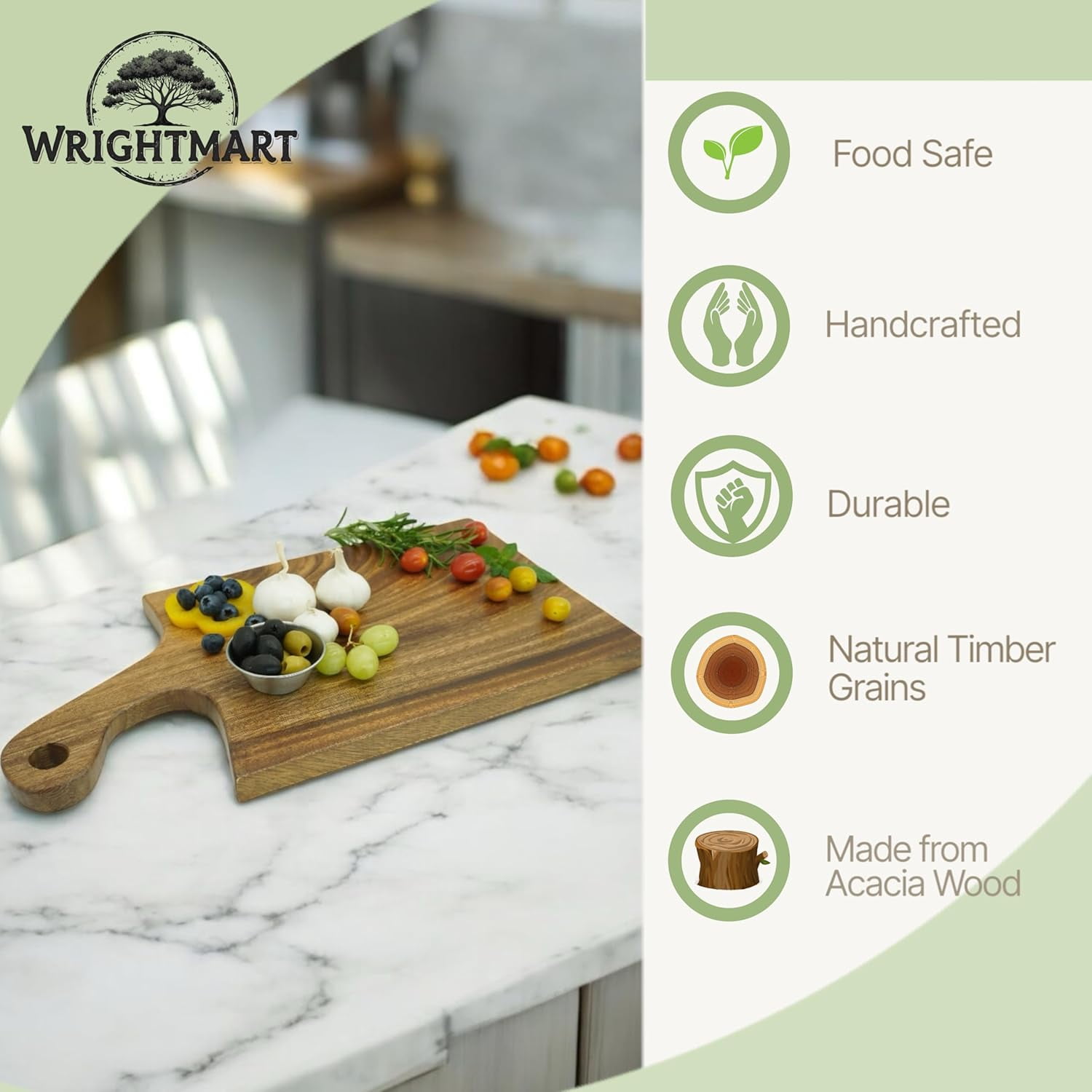 RGHJAR-Acacia Wood Cutting Board with Handle, Single Piece Solid Wood, Double Sided Charcuterie and Bread Board, Knife Friendly Kitchen Prep Board, 17 x 9 Inch