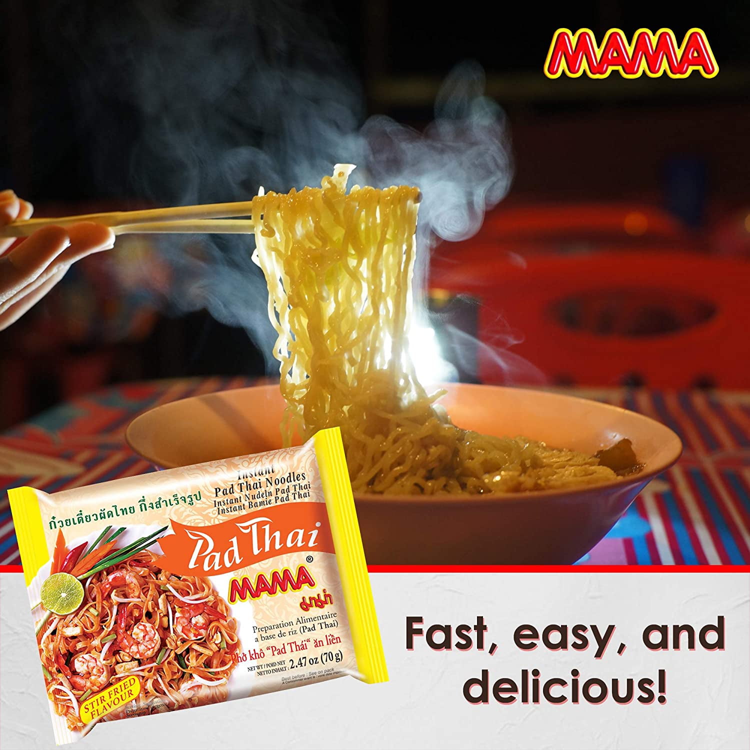 MAMA Noodles Pad Thai Instant Spicy Noodles (Pad Thai)(Pack of 30 , one case) plus NineChef Brand Spoon