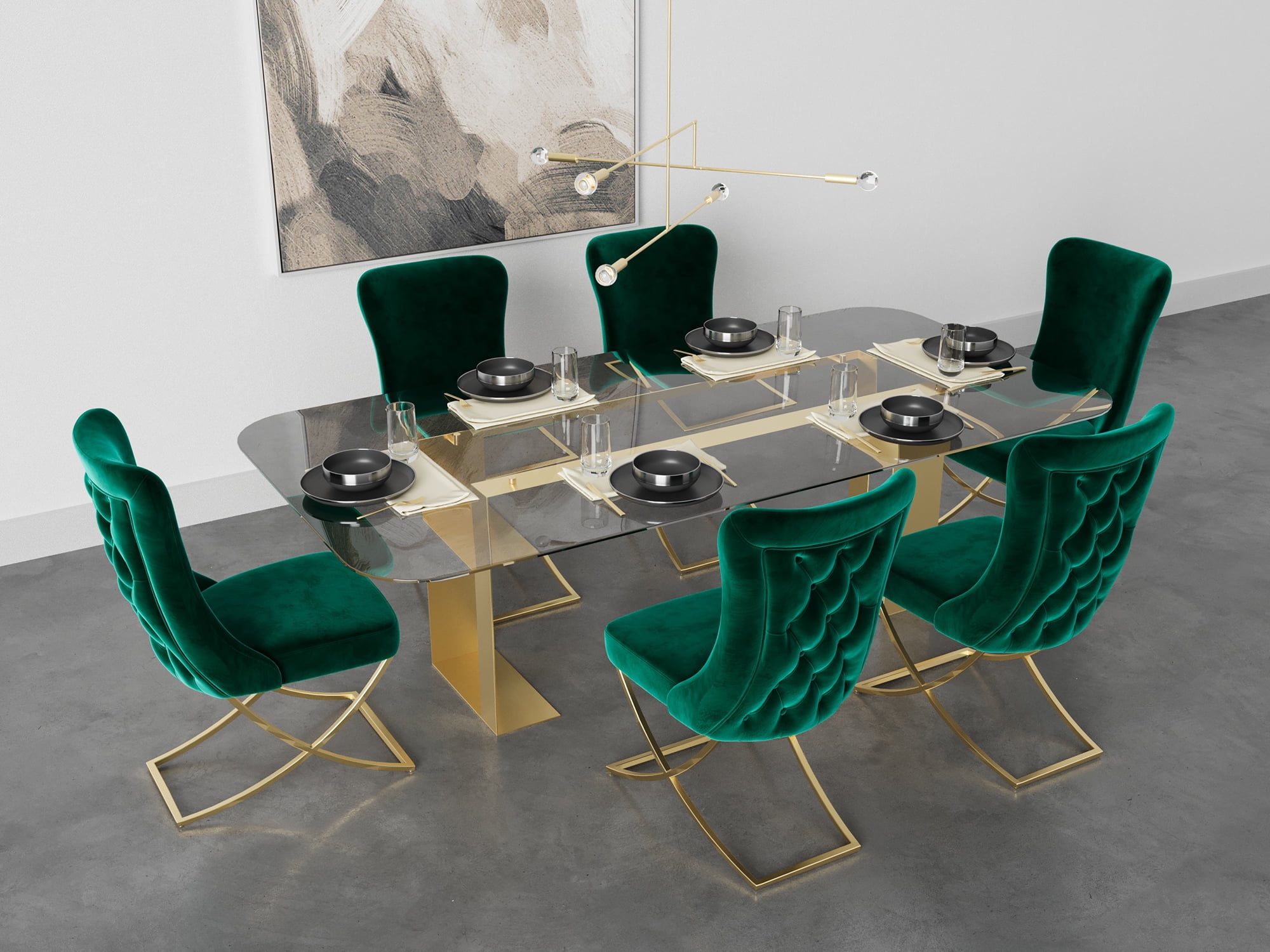 Ottomanson Imperial Upholstered Modern Gold Legged Dining Chair, Set of 2, Green