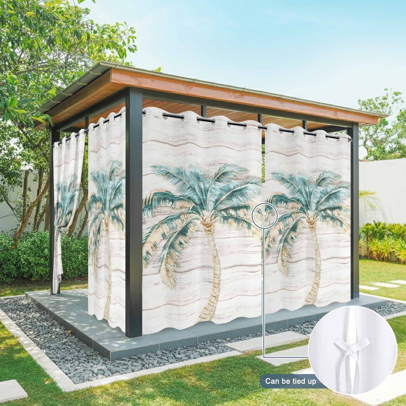 Palm Tree Outdoor Curtains for Patio, Vintage Green Tree Coastal Plant Modern Wood Striped Sunshade Privacy Drapes Grommet Waterproof Outside Curtains for Porch/Cabana/Balcony 54"x 108", 2 Panel