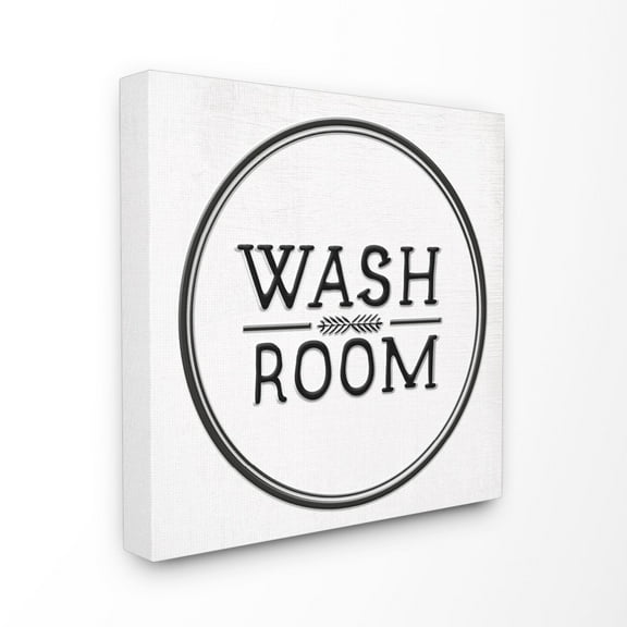 The Stupell Home Decor Collection Wash Room Black and White Faux Aluminum Sign Look Typography Stretched Canvas Wall Art, 24 x 24