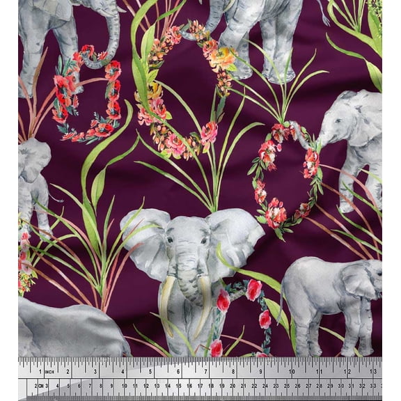 Soimoi Modal Satin Fabric Leaves,Floral Wreath & Elephant Jungle Print Sewing Fabric Yard 42 Inch Wide