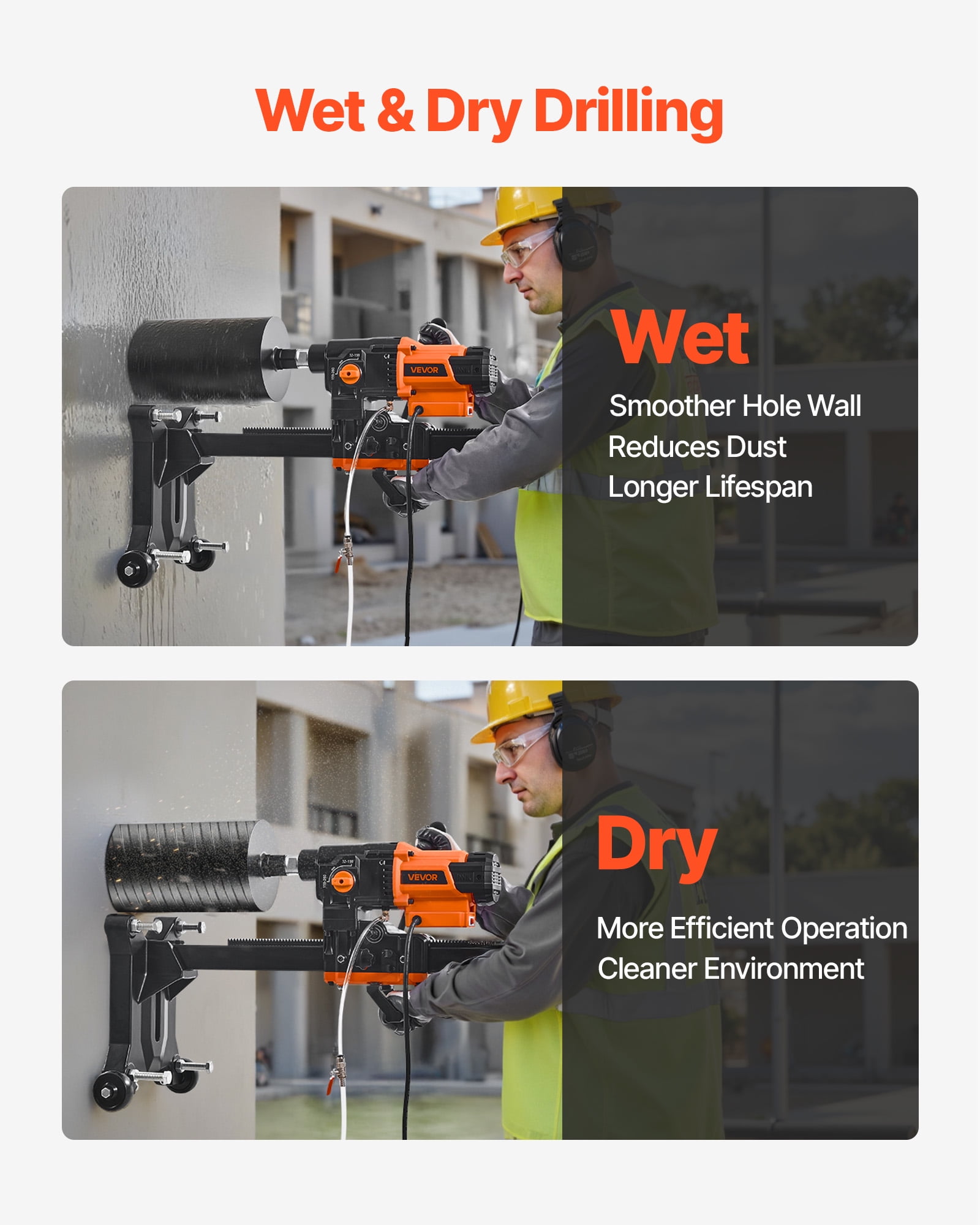 VEVOR Diamond Core Drilling Machine, 0.8-10 in Drilling Diameter, Stand-Mount Dry and Wet Concrete Core Drill Rig with 10 Bits, 470/800 RPM 2-Speed, UNC1 1/4-7 Thread, for Concrete Brick Stone, 2500W