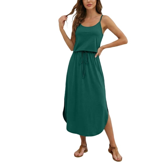 Afdoent Dresses For Women 2026 Sleeveless Solid Color U Neck Dress With Adjustable Drawstring Side Slit Beach To Brunch Vacation Fashion Outfits