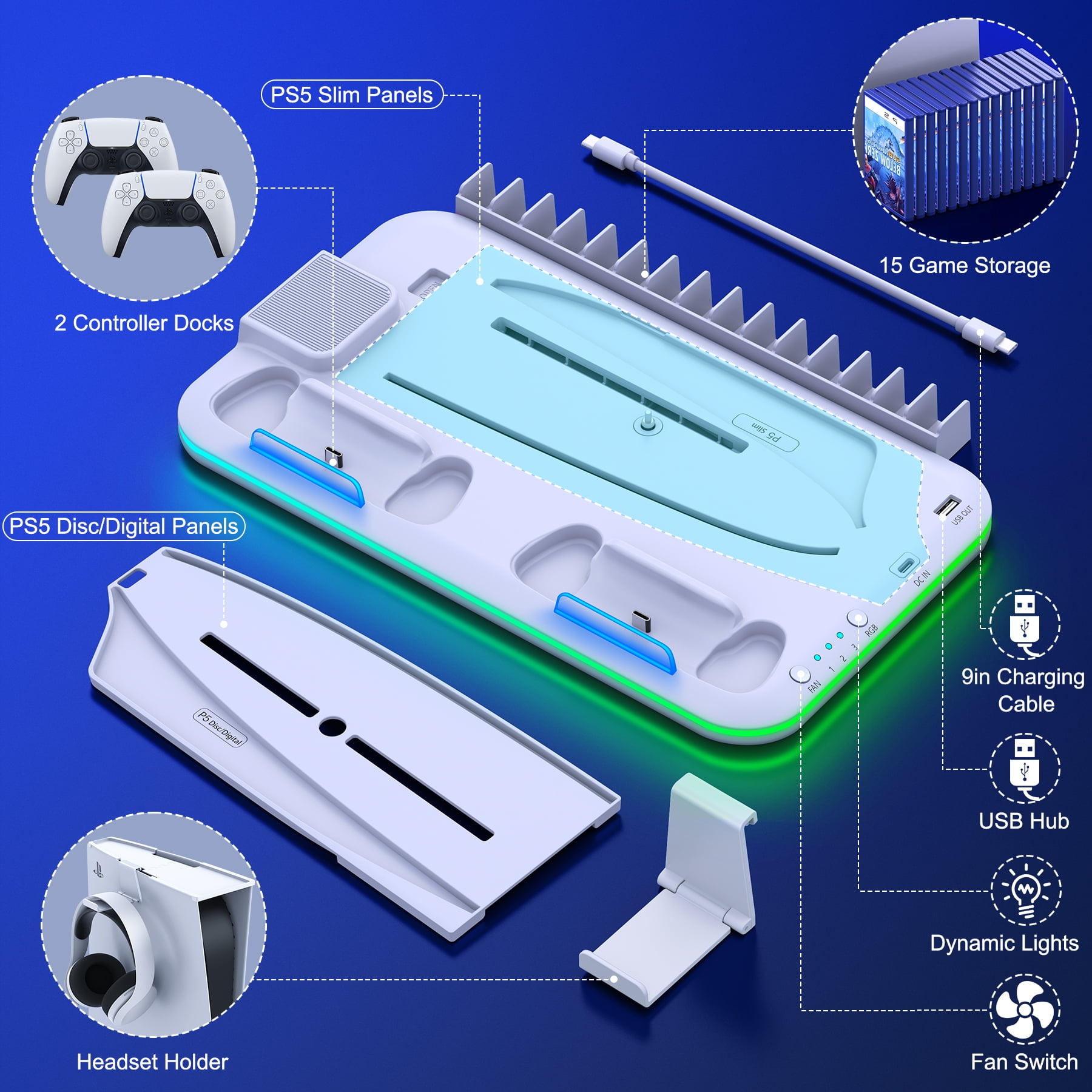 Beboncool PS5 Stand Cooling Fan with Controller Charger Station for Playstation 5 Silm/ PS5 Controller/PS5 Digital/Disc Edition