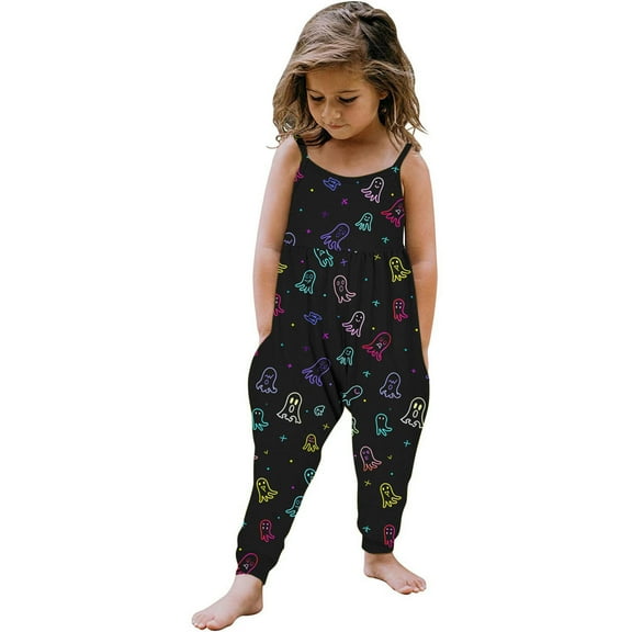 GERsome Toddler Girls Jumpsuit Sleeveless Printed Long Pants Romper Loose Spaghetti Strap Kids Crew Neck Casual Overalls with Pockets 1-6 Years(Size 1-2 Years/01#Black)
