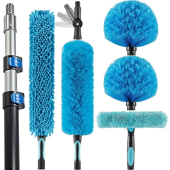 20 Foot High Ceiling Fan Duster with 5-12ft Extension Pole, Extendable Reusable Cobweb, Feather, Window Cleaning Squeegee Kit