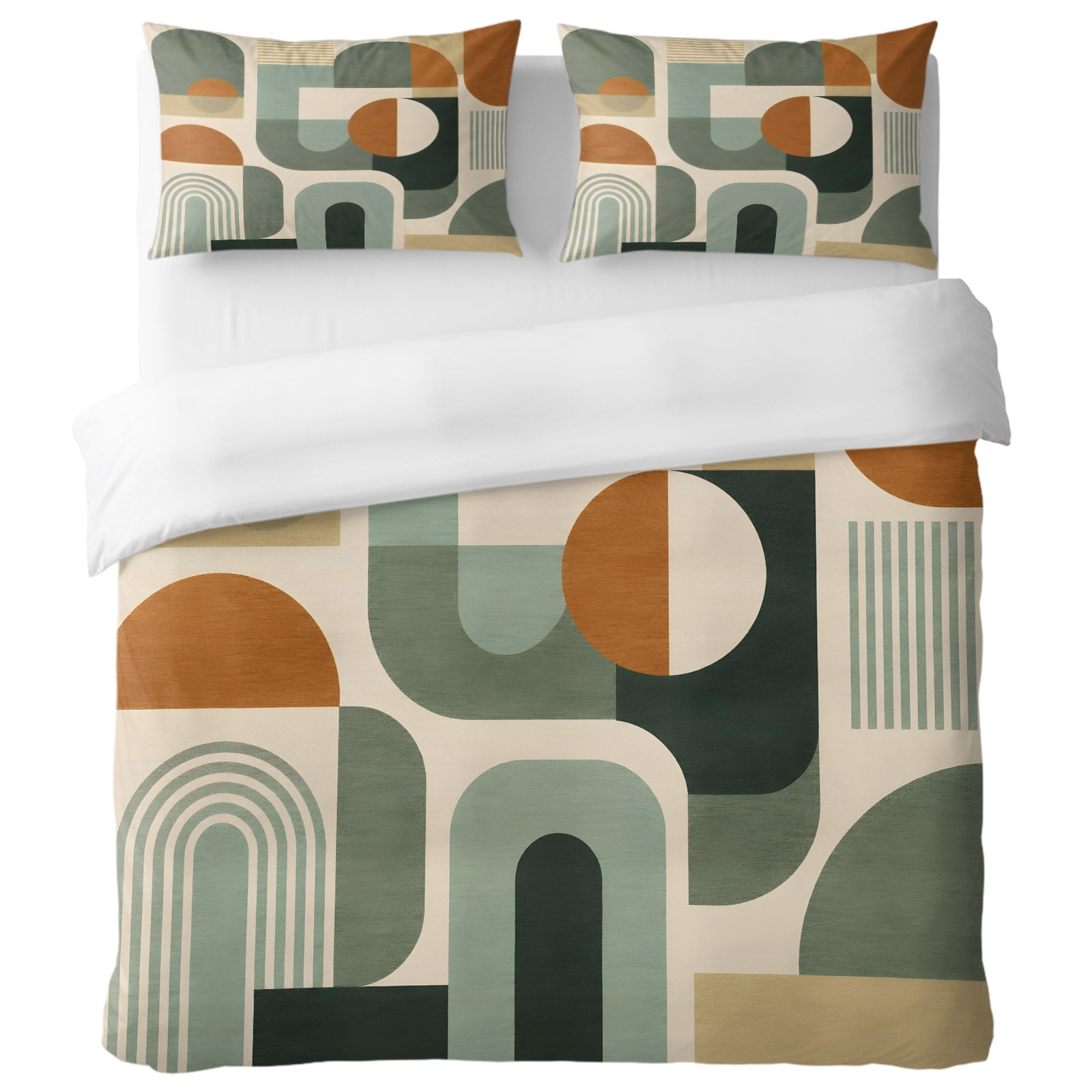 Abstract Boho Full Duvet Cover Set Fall Rustic Orange Green Ochre Arch Lines Minimalist Decorative 3 Piece Bedding Set with Zipper Closure Soft Breathable Microfiber Comforter Cover & 2 Pillowcases