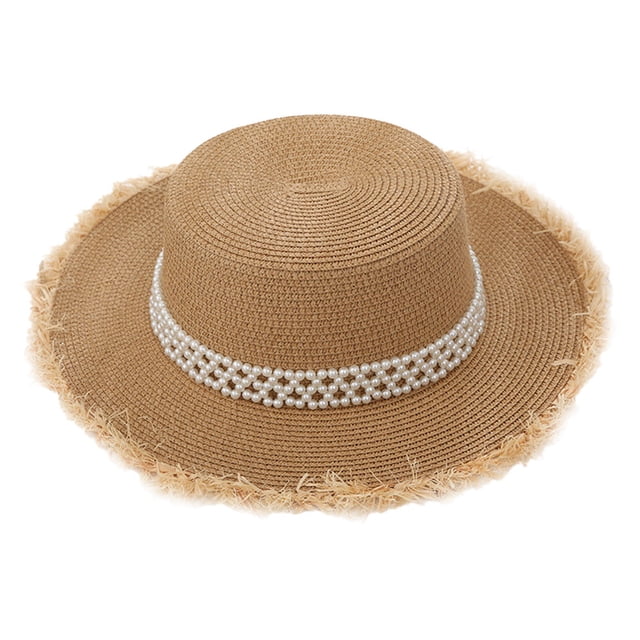 56-58 cm circunferencia del sombrero sombrero para el sol de las mujeres protector solar salida de verano vacaciones sombrero de paja perla sombrero de ala grande