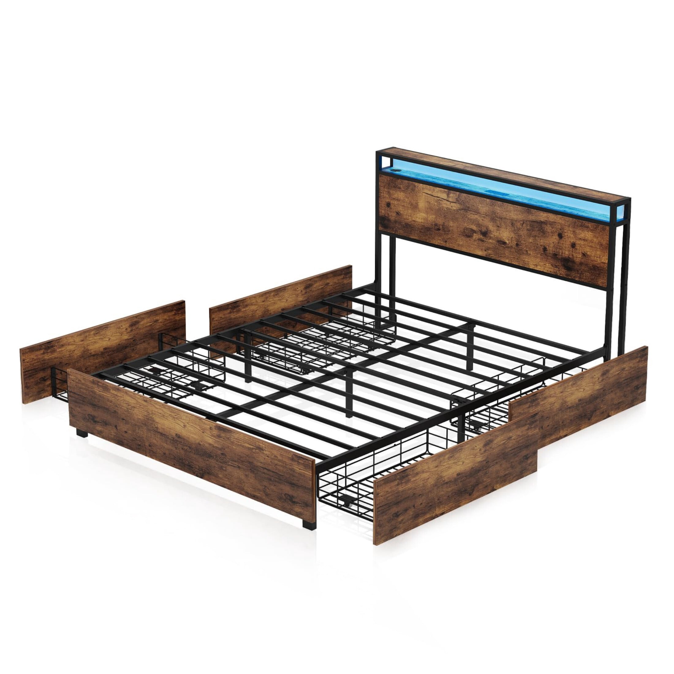 AENKYO Full Size Bed Frame with LED Lights and Charging Station, Platform Bed Frame with 4 Drawers, Rustic Brown