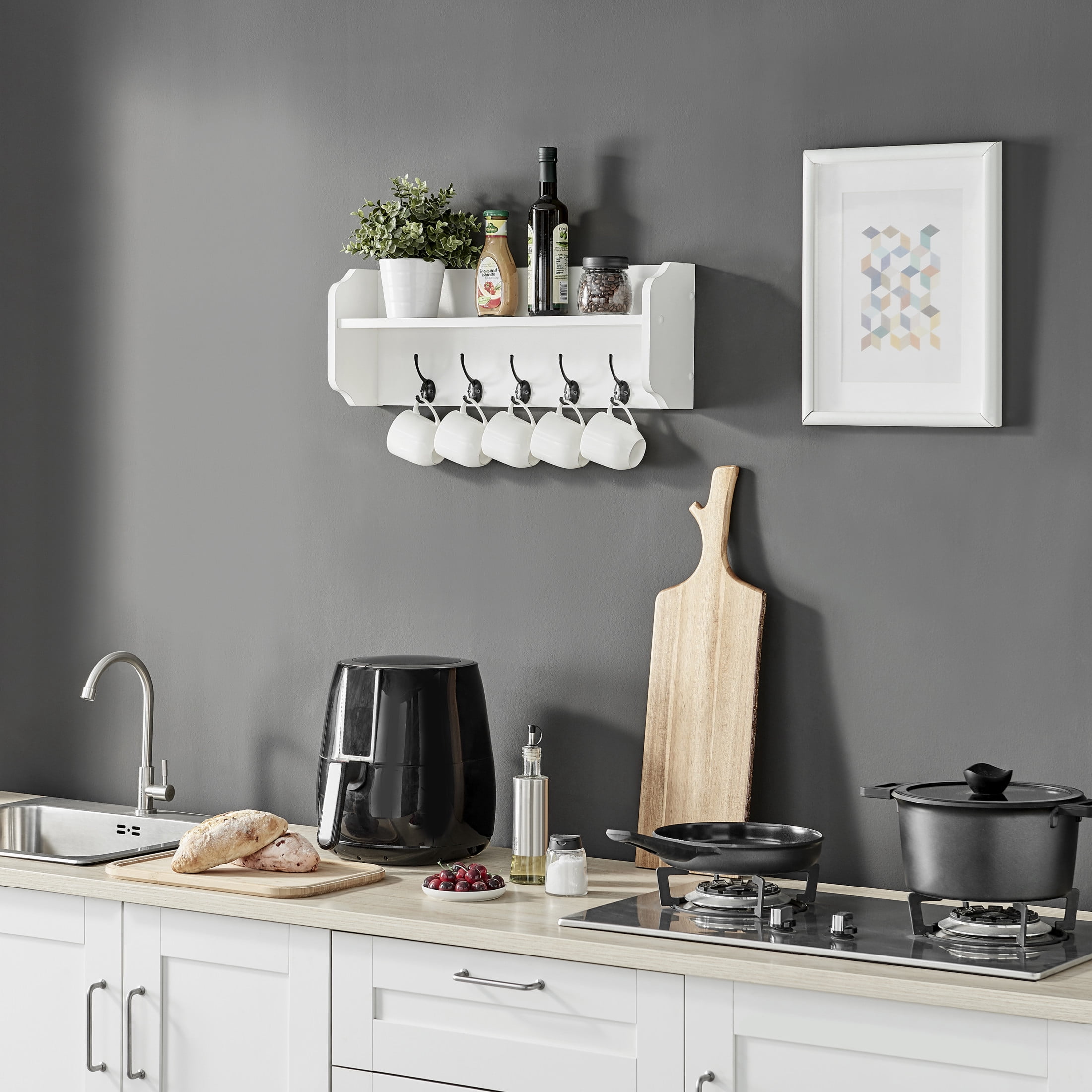 Entryway Floating Utility Wall Shelf with Hooks – Wall Mounted - White
